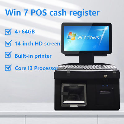 14인치 듀얼 터치 스크린 Win7 POS 금전 등록기 i3 CPU 4+64GB 데스크탑 POS 터미널 (프린터, 키보드, 스캐너 포함)