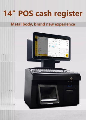 14인치 듀얼 터치 스크린 Win7 POS 금전 등록기 i3 CPU 4+64GB 데스크탑 POS 터미널 (프린터, 키보드, 스캐너 포함)