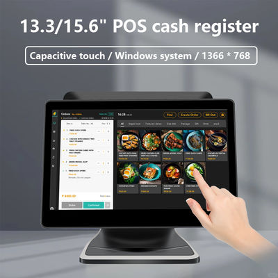 13.3/15.6인치 듀얼 터치 스크린 POS 시스템 I3 윈도우 시스템 소매점 POS 터미널 (접이식 받침대 포함)