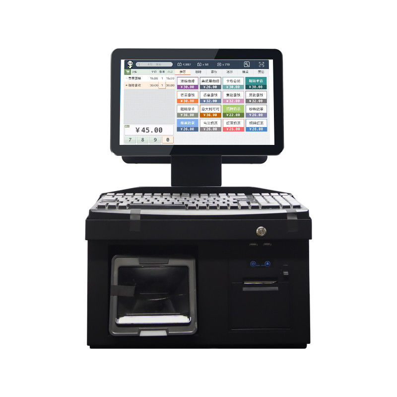 14인치 듀얼 터치 스크린 Win7 POS 금전 등록기 i3 CPU 4+64GB 데스크탑 POS 터미널 (프린터, 키보드, 스캐너 포함)