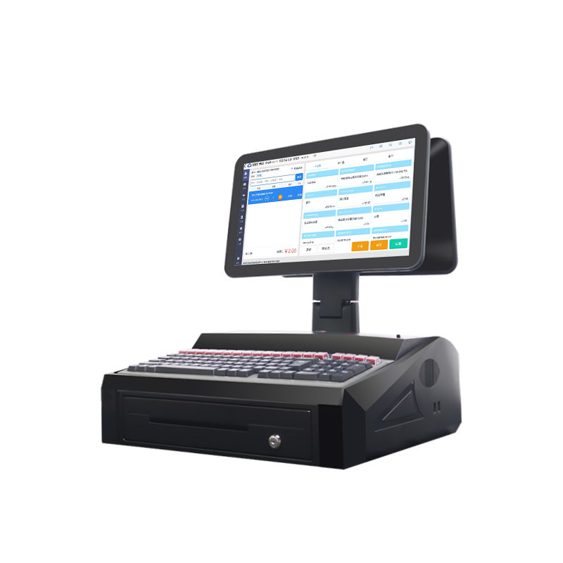 OEM ODM 15.6인치 듀얼 스크린 윈도우7 포스 현금 등록기 N2840 Cpu 2+32GB 데스크톱 POS 터미널 58mm 프린터, 키보드